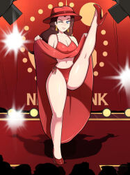 1girl assentlov blue_eyes blush breasts brown_hair camera cleavage clothes_lift curtains donkey_kong_(series) dress earrings grin hat high_heels highres jewelry leg_up legs long_hair looking_at_another mario_(series) navel nintendo one_eye_closed panties pauline_(mario) red_dress red_panties shiny_skin skirt skirt_lift smile super_mario_odyssey underwear upskirt wink