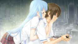 1boy 1girl bishoujo_mangekyou bishoujo_mangekyou:_wasurenagusa_to_eien_no_shoujo bishoujo_mangekyou_(series) blue_hair brown_hair game_cg green_eyes happoubi_jin hetero hug hug_from_behind kanzaki_akihito knife long_hair rain sawatari_shizuku school_uniform suicide