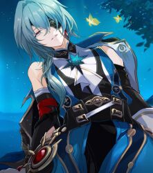 Rule 34 | 1boy, anaxa (honkai: star rail), aqua eyes, aqua hair, ascot, bare shoulders, black ascot, black jacket, black pants, breasts, bug, butterfly, chain, earrings, eyepatch, gem, grin, hair between eyes, half-closed eyes, highres, honkai: star rail, honkai (series), insect, jacket, jewelry, lapels, looking at viewer, male focus, mandarin collar, medium breasts, medium hair, night, night sky, notched lapels, one eye covered, pants, red gemstone, ronigs, shirt, side ponytail, single earring, sky, sleeveless, sleeveless shirt, smile, solo, teeth, white shirt, yellow butterfly