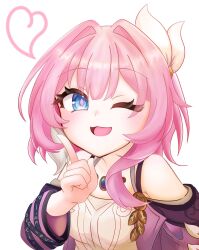 1girl ;o bare_shoulders blue_eyes bqucii3a0y74340 breasts coat commentary_request cyrene_(honkai:_star_rail) dress hair_ornament heart highres honkai:_star_rail honkai_(series) jewelry medium_hair necklace one_eye_closed pink_hair purple_coat simple_background small_breasts solo upper_body white_background white_dress white_hair