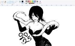Rule 34 | 1girl, animal, animal on shoulder, art program in frame, breasts, chainsaw man, dress, elbow gloves, gloves, greyscale, hair between eyes, microsoft paint (medium), microsoft paint (software), monochrome, reze (chainsaw man), screencap, small breasts, snake, solo, ven juice