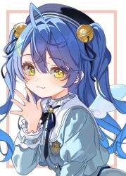 Rule 34 | ahoge, amamiya kokoro, angel wings, bell, beret, blue hair, blush, bow, fang, hair bell, hair between eyes, hair bow, hair ornament, hat, jingle bell, long hair, looking at viewer, mini wings, multiple hair bows, nijisanji, simple background, skin fang, trt 82, two side up, waving, wings, x hair ornament, yellow eyes