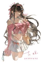 1girl black_hair bra_strap commission dated earrings jewelry jiatu navel original skirt solo white_background white_skirt