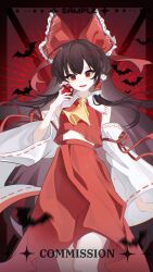 1girl absurdres apple artist_name ascot bat_(animal) blurry bow brown_hair commentary commission depth_of_field detached_sleeves fangs food frilled_bow frilled_hair_tubes frills fruit hair_bow hair_tubes hakurei_reimu highres holding holding_food holding_fruit long_hair looking_at_viewer monsterification open_mouth red_bow red_eyes red_skirt ribbon-trimmed_sleeves ribbon_trim sample_watermark skirt skirt_set smile solo touhou vampire very_long_hair watermark xingxingxing_guangguang yellow_ascot