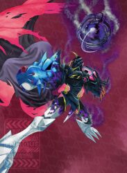 Rule 34 | absurdres, black cape, cape, chest jewel, digimon, digimon (creature), enrike (enrique mr blue), highres, mecha, omegamon, omegamon zwart, red background, red cape, red eyes, robot, simple background, solo, transformation