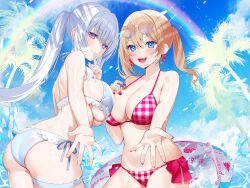 2girls ass bare_arms bikini blue_eyes blue_hair blue_sky breasts checkered_bikini checkered_clothes cleavage collarbone fang finger_to_mouth glasses heart heart-shaped_eyewear highres index_finger_raised innertube large_breasts long_hair motsunuki multiple_girls ocean open_mouth orange_hair original outdoors outstretched_arms ponytail purple_eyes rainbow red_bikini sideboob sidelocks sky smile standing swim_ring swimsuit take_your_pick teeth thigh_strap thighs underboob upper_teeth_only water_drop wet wet_clothes
