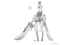 1girl armor bare_shoulders breastplate chain character_request chest_armor chinese_commentary closed_mouth commentary_request copyright_request covered_eyes dual_wielding facing_viewer full_body grey_sandals grey_skirt grey_thighhighs holding holding_sword holding_weapon huge_weapon liren44 miniskirt pleated_skirt sandals short_hair simple_background skirt sleeveless solo standing sword tabi thighhighs watermark weapon weibo_watermark white_background white_hair