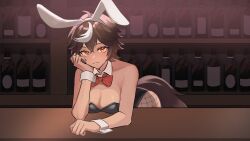 1girl absurdres alternate_costume animal_ears bar_(place) black_leotard breasts brown_eyes brown_fur brown_hair cleavage closed_mouth commentary commission english_commentary fake_animal_ears fishnet_pantyhose fishnets hand_on_own_cheek hand_on_own_face highres horse_ears horse_girl horse_tail leaning_forward leotard medium_breasts medium_hair multicolored_hair notyorugata pantyhose playboy_bunny rabbit_ears second-party_source skeb_commission smile solo tail tomoe_umari v-dere virtual_youtuber white_hair wrist_cuffs