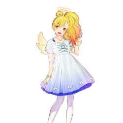 1girl ama_mitsuki angel_wings blonde_hair blue_dress blush bow crown dress frilled_skirt frills halo mini_crown open_mouth pantyhose side_ponytail skirt uchi_no_hime-sama_ga_ichiban_kawaii uriela_(uchihime) white_dress white_pantyhose wings