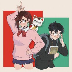 1boy 1girl adjusting_eyewear arm_up ayase_momo backpack bag bell black_choker black_hair blue_skirt blush book bow bowtie breasts brown_eyes brown_hair buttons cat charlize_norman choker closed_mouth collared_shirt commentary cropped_legs dandadan earrings english_commentary gakuran glasses hair_behind_ear hand_on_own_hip highres holding holding_book index_finger_raised jewelry long_sleeves looking_at_another loose_bowtie medium_breasts medium_hair messy_hair miniskirt neck_bell pink_sweater pleated_skirt red_bow red_bowtie round_eyewear school_uniform shirt short_hair sideways_glance skirt sweatdrop sweater takakura_ken_(dandadan) turbo_granny_(dandandan) white_shirt