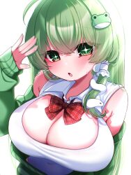 1girl :o alternate_costume bare_shoulders bow breasts cleavage collared_shirt covered_navel crossed_bangs frog_hair_ornament green_eyes green_hair green_sweater hair_ornament hair_tubes highres kanimanju kochiya_sanae large_breasts long_hair long_sleeves looking_at_viewer open_mouth red_bow shirt signature simple_background single_hair_tube single_sidelock sleeveless sleeveless_shirt sleeves_past_wrists snake_hair_ornament solo sparkling_eyes sweat sweatdrop sweater touhou upper_body white_background white_shirt wide_sleeves