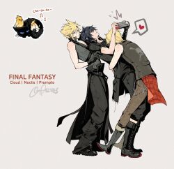 3boys animalization aries20770321 bird black_gloves black_hair black_vest blonde_hair blue_eyes boots cat clothes_around_waist cloud_strife english_text final_fantasy final_fantasy_vii final_fantasy_vii_advent_children final_fantasy_xv fingerless_gloves gloves handheld_game_console heart highres holding holding_handheld_game_console hug in-franchise_crossover leaning_on_person male_focus multiple_boys nintendo_switch noctis_lucis_caelum pants popped_collar print_pants prompto_argentum shirt shirt_around_waist short_hair single_fingerless_glove spiked_hair spoken_heart vest yaoi