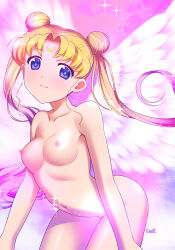 Rule 34 | 1girl, bishoujo senshi sailor moon, blonde hair, blue eyes, breasts, closed mouth, collarbone, completely nude, double bun, earrings, facial mark, feathered wings, forehead mark, hair bun, highres, himehachi (hime8manga), jewelry, long hair, medium breasts, navel, nipples, nude, solo, sparkle, tsukino usagi, twintails, very long hair, white wings, wings