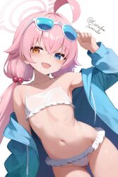 1girl adjusting_eyewear armpits artist_name bikini blue-tinted_eyewear blue_archive blue_jacket eyewear_on_head fang flat_chest frilled_bikini frills hair_bobbles hair_ornament halo hand_on_eyewear hand_up heterochromia highres hoshino_(blue_archive) hoshino_(swimsuit)_(blue_archive) jacket looking_at_viewer low_twintails navel off_shoulder official_alternate_costume open_clothes open_jacket pink_halo skin_fang smile solo sunglasses swimsuit tateishi_kureha tinted_eyewear twintails white-framed_eyewear white_bikini
