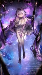 1girl absurdres bare_shoulders black_tiara breasts bright_pupils bug butterfly castorice_(honkai:_star_rail) closed_mouth clothing_cutout commentary dress elphe finger_to_cheek flower flower_ornament full_body gloves gradient_hair grey_hair hair_flower hair_ornament hair_ribbon highres honkai:_star_rail honkai_(series) insect long_hair looking_at_viewer medium_breasts multicolored_hair pink_flower pointy_ears purple_butterfly purple_flower purple_gloves purple_hair purple_ribbon ribbon shoes signature sleeveless sleeveless_dress solo stomach_cutout symbol-only_commentary thighhighs tiara very_long_hair water watermark white_dress white_pupils white_shoes white_thighhighs