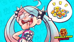 1girl ahoge aqua_background aqua_eyes aqua_hair blue_pupils child clenched_hand coin commentary copyright_name english_commentary english_text eyelashes eyepatch fang flat_chest gumchi halftone halftone_background hand_on_own_hip highres lone_nape_hair long_sleeves lucy_(ninjala) medical_eyepatch multicolored_hair ninjala notice_lines official_art open_mouth outline pink_hair polka_dot polka_dot_background purple_outline rianti-wong second-party_source shirt single_bare_arm single_bare_shoulder single_fishnet_armwear single_sleeve skinny solo speech_bubble spiked_hair_ornament star_(symbol) star_print striped_wristband swept_bangs teeth thinking thought_bubble tongue twintails two-tone_hair two-tone_shirt upper_body upper_teeth_only white_shirt white_sleeves wristband