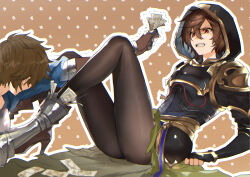 2boys absurdres armor bishounen blush border breastplate brown_background brown_hair brown_pantyhose doushite fingerless_gloves gloves gold_trim gran_(granblue_fantasy) granblue_fantasy hair_between_eyes high_heels highres holding holding_another&#039;s_leg holding_money hood hood_up legs long_sleeves looking_at_another male_focus money multiple_boys outstretched_arm pantyhose red_eyes sandalphon_(granblue_fantasy) short_hair shoulder_armor sitting thighs white_border yaoi