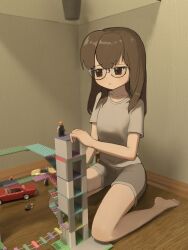1girl absurdres barefoot brown_eyes brown_hair casual child glasses grey_shirt grey_shorts highres indoors lego living_room long_hair original scaledteam shirt shorts sitting solo toy_car watermark web_address wooden_floor