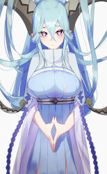1girl absurdres aqua_hair blush body_markings braid breasts curled_horns dress fate/grand_order fate/grand_order_arcade fate_(series) hair_between_eyes highres horns izanaware_game large_breasts larva_tiamat_(fate) tiamat_(third_ascension)_(fate/grand_order_arcade) long_hair long_horns long_sleeves looking_at_viewer pink_eyes pointy_ears ribbed_dress sidelocks solo symbol-shaped_pupils thighs tiamat_(fate) very_long_hair white_dress