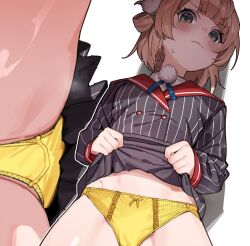 1girl ass blonde_hair blue_ribbon blunt_bangs blush buttons closed_mouth clothes_lift collared_shirt commentary_request cropped double-breasted dress_shirt gluteal_fold green_eyes grey_jacket grey_skirt hair_ornament hair_rings highres indie_virtual_youtuber jacket kuroi_suna lifting_own_clothes long_sleeves looking_at_viewer miniskirt multiple_views neck_ribbon paid_reward_available panties pinstripe_jacket pinstripe_pattern pinstripe_skirt pleated_skirt pom_pom_(clothes) pom_pom_hair_ornament red_sailor_collar ribbon sailor_collar school_uniform shigure_ui_(vtuber) shigure_ui_(vtuber)_(1st_costume) shirt short_hair simple_background skirt skirt_lift sleeve_cuffs solo underwear upskirt virtual_youtuber white_background white_shirt yellow_panties