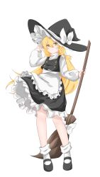 1girl absurdres apron black_hat black_shoes black_vest blonde_hair bow braid broom buttons chinese_commentary closed_mouth commentary_request double-breasted frilled_apron frilled_skirt frills full_body hair_between_eyes hair_bow hand_on_headwear hat hat_bow hat_ribbon highres holding holding_broom kirisame_marisa lack_skirt long_hair long_sleeves looking_at_viewer mary_janes puffy_long_sleeves puffy_sleeves ribbon shirt shoes side_braid simple_background skirt smile socks solo standing touhou turtleneck turtleneck_shirt very_long_hair vest waist_apron white_apron white_background white_bow white_ribbon white_shirt white_socks witch_hat wu_yu_wanwan yellow_eyes