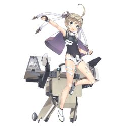1girl 1other ahoge aqua_eyes arm_up artist_request bandage_on_face bandages bare_legs blonde_hair bodysuit bottle bun_cover capelet clenched_hands covered_navel final_gear full_body highres holding holding_bottle knees leg_up legs_apart looking_at_viewer milk milk_bottle official_art open_mouth outstretched_arm robot see-through_clothes see-through_bodysuit sidelocks simple_background sleeveless_turtleneck_bodysuit snowy_(final_gear) socks solo tachi-e third-party_source transparent_background turtleneck turtleneck_bodysuit wheel white_capelet white_footwear white_socks