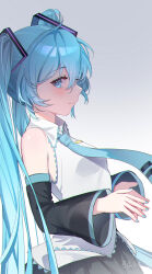 1girl absurdres black_skirt black_sleeves blue_eyes blue_hair blue_necktie blush closed_mouth collared_shirt detached_sleeves gradient_background grey_background hair_between_eyes harutatsunoki hatsune_miku highres long_hair long_sleeves looking_at_viewer looking_to_the_side necktie pleated_skirt shirt skirt sleeveless sleeveless_shirt smile solo twintails very_long_hair vocaloid white_shirt wing_collar