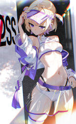 1girl bare_shoulders blonde_hair breasts commentary_request hololive hololive_dev_is jacket long_sleeves looking_at_viewer medium_breasts purple_eyes scottie_(phantom2) short_hair solo standing sweat thighs todoroki_hajime two_side_up virtual_youtuber visor_cap white_jacket