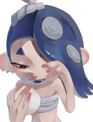 1girl blue_hair cephalopod_eyes chest_sarashi commentary earrings eyelashes food hairband highres holding holding_food jewelry long_hair multiple_earrings nintendo octoling open_mouth pico333334 red_eyes red_pupils sarashi shiver_(deep_cut_outfit)_(splatoon) shiver_(splatoon) short_eyebrows simple_background smile solo splatoon_(series) splatoon_3 standing steamed_bun symbol-only_commentary tentacle_hair thick_eyebrows tooth_earrings white_background white_hairband