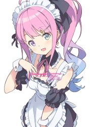 1girl :d alternate_costume alternate_hairstyle apron bare_shoulders black_dress breasts cleavage commentary_request crescent crescent_earrings detached_collar detached_sleeves dress earrings frilled_apron frilled_dress frilled_shirt_collar frills gradient_hair green_eyes hair_ornament hairclip heterochromia highres himemori_luna hololive jewelry kanzaki_hiro long_hair looking_at_viewer maid maid_apron maid_headdress medium_breasts multicolored_hair neck_ribbon open_mouth pink_hair pink_ribbon ponytail puffy_detached_sleeves puffy_short_sleeves puffy_sleeves purple_eyes purple_hair ribbon short_sleeves simple_background sleeveless sleeveless_dress smile solo virtual_youtuber white_apron white_background wrist_cuffs