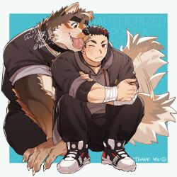 2boys animal_ears bandaid bandaid_on_cheek bandaid_on_face bara blush canes_(live_a_hero) claws closed_mouth commentary_request dog_boy dog_ears dog_tail fang furry furry_male highres live_a_hero looking_at_another male_focus multicolored_hair multiple_boys muscular muscular_male one_eye_closed saliva squatting sterio_(live_a_hero) streaked_hair tail tail_wagging tongue tongue_out wanijima whiskers