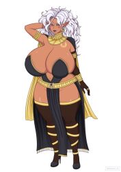 Rule 34 | 1girl, breasts, cape, daemonhx, dark-skinned female, dark elf, dark skin, elf, huge breasts, original, pelvic curtain, pointy ears, solo, wide hips
