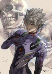 Rule 34 | 1boy, bodysuit, closed mouth, grey hair, hair between eyes, hand on another&#039;s shoulder, hashtag-only commentary, highres, ikuyoan, male focus, mecha pilot suit, nagisa kaworu, neon genesis evangelion, plugsuit (evangelion), purple bodysuit, red eyes, short hair, skull, solo, teeth, upper body