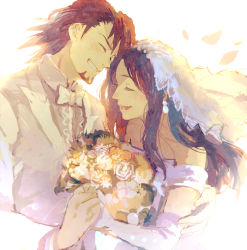 Rule 34 | 10s, 1boy, 1girl, bad id, bad pixiv id, bouquet, bow, bowtie, bridal veil, brown hair, couple, dress, earrings, elbow gloves, facial hair, flower, gloves, hetero, husband and wife, jewelry, kaburagi t. kotetsu, kaburagi tomoe, long hair, stubble, tamaccolo, tiger &amp; bunny, tuxedo, veil, wedding, wedding dress
