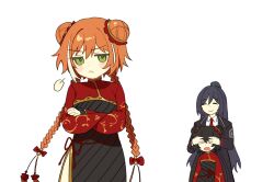 1boy 2girls :&lt; black_hair braid brother_and_sister closed_eyes double_bun green_eyes hair_bun half_updo highres hong_lu_(project_moon) ishmael_(project_moon) jia_xichun_(project_moon) limbus_company long_hair looking_at_viewer low_twin_braids multicolored_hair multiple_girls orange_hair project_moon ranya_(artiraia) siblings simple_background streaked_hair twin_braids very_long_hair white_background white_hair
