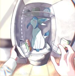 1other artist_name blush bottle closed_eyes closed_mouth fisheye gen_4_pokemon gen_8_pokemon glaceon highres in_container in_refrigerator indoors nintendo pokemon pokemon_(creature) pokemon_focus pov pov_hands refrigerator shirt sitting snom solo_focus suna_k0nbu turning_head twitter_username water_bottle white_shirt