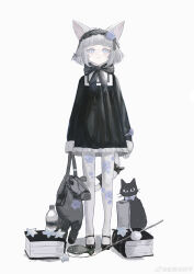 1girl :&lt; absurdres animal animal_ears black_bow black_dress black_headdress black_ribbon black_shoes blue_eyes blue_flower book bow cat cat_ears cat_girl cat_tail closed_mouth commentary_request dress floral_print flower grey_hair gumiaoandpeace hair_flower hair_ornament highres long_sleeves looking_at_viewer neck_ribbon original pantyhose ribbon shoes short_hair sleeves_past_wrists solo tail tail_bow tail_ornament white_background white_pantyhose wrist_flower