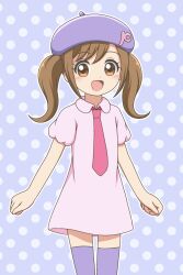 1girl :d bandai beret blush broadcaster_connection brown_eyes brown_hair clenched_hands collared_dress commentary company_connection cosplay cowboy_shot dot_nose dress hair_intakes hat highres kamisama_minarai:_himitsu_no_cocotama kato-shun long_hair looking_at_viewer necktie open_mouth pianitchi pianitchi_(cosplay) pink_dress pink_necktie polka_dot polka_dot_background puffy_short_sleeves puffy_sleeves purple_background purple_hat purple_thighhighs short_sleeves smile solo standing tamagotchi tamagotchi!_(anime) tamagotchi!_yume_kira_dream thighhighs tv_tokyo twintails yotsuba_kokoro