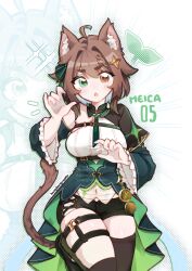 1girl ahoge animal_ear_fluff animal_ears artist_name asymmetrical_legwear belt black_capelet black_shorts black_thighhighs blue_hair blue_nails blush bow braid brown_eyes brown_hair brown_tail capelet cat_ears cat_tail character_name chest_belt chestnut_mouth claw_pose collar colored_inner_hair commentary covered_navel cowboy_shot cross-laced_clothes cross-laced_shorts detached_sleeves diffraction_spikes dress english_commentary foot_up frilled_sleeves frills green_bow green_collar green_dress green_eyes green_necktie green_skirt green_sleeves hair_bow hair_flaps hair_ornament half_capelet halftone heterochromia highres indie_virtual_youtuber juliet_sleeves kemonomimi_mode long_sleeves looking_at_viewer medium_hair meica_(vtuber) multicolored_hair multiple_thigh_straps naoko_(bangbangnaoko) necktie o-ring o-ring_belt puffy_sleeves shirt short_shorts shorts single-shoulder_shirt single_bare_shoulder single_braid skirt sleeveless sleeveless_shirt solo sprout_pendant standing star_(symbol) star_hair_ornament tail thick_thighs thighhighs thighs uneven_legwear v-shaped_eyebrows virtual_youtuber watermark white_shirt