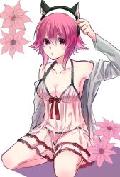 Rule 34 | 1girl, animal ears, armpits, babydoll, bare shoulders, blush, bow, breasts, cat ears, chaos;child, cleavage, collarbone, flower, frills, hairband, kneeling, lingerie, looking at viewer, medium breasts, navel, nightgown, onoe serika, panties, pink eyes, pink hair, ribbon, see-through clothes, short hair, simple background, sitting, solo, sygm11, thighs, underwear, wariza, white background