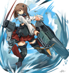 1girl aircraft airplane bike_shorts bike_shorts_under_skirt boots bow_(weapon) breasts brown_eyes brown_hair crossbow headgear highres holding holding_crossbow holding_weapon kantai_collection long_sleeves parted_lips red_skirt rigging signature skirt small_breasts solo sunday_aki taihou_(kancolle) thigh_boots thighhighs water weapon