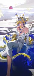 Rule 34 | 1girl, absurdres, arknights, bare shoulders, blonde hair, blue eyes, blue hair, breasts, choker, cleavage, colored extremities, dragon girl, dragon horns, dragon tail, dress, eastern dragon horns, eastern dragon tail, highres, horns, jewelry, light blush, light smile, long hair, long sleeves, looking at viewer, multicolored hair, necklace, off shoulder, pointy ears, shu (arknights), shu (bingwenyuyou) (arknights), solo, tail, white dress, white hair, yellow hands, zusa1182610