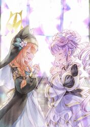 2girls black_dress blue_archive closed_eyes copyright_request cowboy_shot donut_hair_bun double_bun dress drill_hair duel_monster hair_bun halo highres indoors long_hair mari_(blue_archive) mizutama_(mizutamalion) multiple_girls nun orange_hair praying purple_hair selettrice_vaalmonica twin_drills very_long_hair watermark white_dress yu-gi-oh!