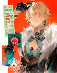 1boy ahoge aventurine_(honkai:_star_rail) blonde_hair cleavage_cutout clothing_cutout earrings fur_trim hair_between_eyes highres holding_poker_chip honkai:_star_rail honkai_(series) jewelry long_hair looking_at_viewer male_focus multicolored_eyes neck_tattoo parted_bangs pink_eyes poker_chip postage_stamp sanse_(sssei_33) single_earring smile solo tattoo two-tone_eyes