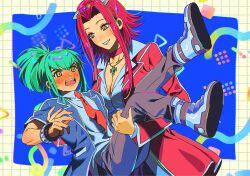 Rule 34 | 1boy, 1girl, black pants, blue background, blue jacket, blue shirt, blush, breasts, carrying, cleavage, collarbone, cowboy shot, grey hair, highres, izayoi aki, jacket, jewelry, large breasts, lua (yu-gi-oh!), necktie, ojing oppa (o b s 00), pants, pendant, princess carry, red hair, red jacket, red necktie, shirt, simple background, white shirt, yellow eyes, yu-gi-oh!, yu-gi-oh! 5d&#039;s