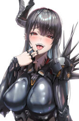 1girl :d absurdres behemoth_(nikke) black_hair black_nails blush breasts drooling goddess_of_victory:_nikke highres horns jindogod large_breasts long_hair looking_at_viewer open_mouth red_eyes revision simple_background single_horn smile solo teeth tongue white_background
