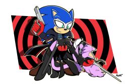 Rule 34 | 1boy, 1girl, absurdres, alotaart, amamiya ren, amamiya ren (cosplay), animal ears, black coat, blaze the cat, boots, cat ears, cat tail, closed eyes, coat, company connection, cosplay, domino mask, forehead jewel, gloves, green eyes, gun, high heel boots, high heels, highres, holding, holding gun, holding weapon, joker (persona 5), mask, persona, persona 5, persona 5 the royal, red gloves, sonic (series), sonic the hedgehog, tail, violet (persona 5), weapon, yoshizawa kasumi, yoshizawa kasumi (cosplay)
