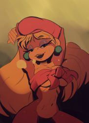 Rule 34 | 1girl, ape, arms up, blonde hair, bottomless, breasts, cleavage, curvy, dixie kong, donkey kong (series), earrings, fang, fridge (fridgedraws), hat, highres, jewelry, large breasts, long hair, monkey girl, navel, nintendo, seductive smile, smile, steaming body, sweat, thighs, underboob, very long hair, wide hips