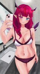 1girl absurdres aqua_eyes black_horns blush bra braid breasts cellphone closed_mouth fingernails flower hair_flower hair_ornament heterochromia highres holding holding_phone hololive hololive_english horns indoors irys_(hololive) large_breasts long_hair multicolored_hair nail_polish navel panties phone pink_eyes pink_hair pink_nails pointy_ears purple_panties purple_wings red_hair red_horns selfie sink smartphone smile solo stomach streaked_hair thighs twitter_username underwear varo_006 virtual_youtuber white_bra wings