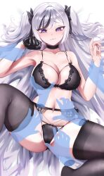 1girl :3 absurdres azur_lane black_bow black_bra black_choker black_gloves black_hair black_panties blue_eyes blush bow bra breasts choker cleavage commission crotch_rub elbe_(azur_lane) gloves grabbing_another&#039;s_breast gradient_eyes groping hair_bow hair_over_one_eye hands_up heart heart_o-ring highres holding_another&#039;s_wrist knee_up large_breasts leg_up lhoting long_hair looking_at_viewer looking_down lying multicolored_eyes multicolored_hair multiple_others navel o-ring on_back panties pixiv_commission purple_eyes single_glove spread_legs stomach streaked_hair thigh_grab thighhighs thighs two-tone_hair underwear underwear_only very_long_hair white_hair
